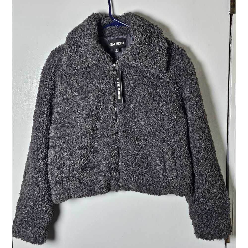 Steve Madden Pippin Jacket Forged Iron Grey Faux Fur Sherpa Zip Up Womens S NWT